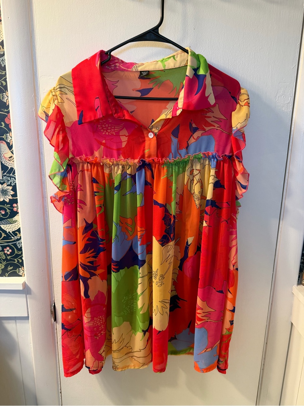 SHEIN Multicolor Floral Ruffle Short Sleeve Blouse